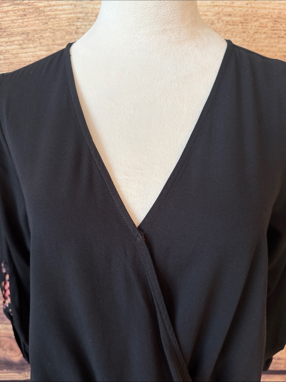 Hem & Thread Black Wrap Front Blouse with Embroidered Sleeve - Picture 3 of 7